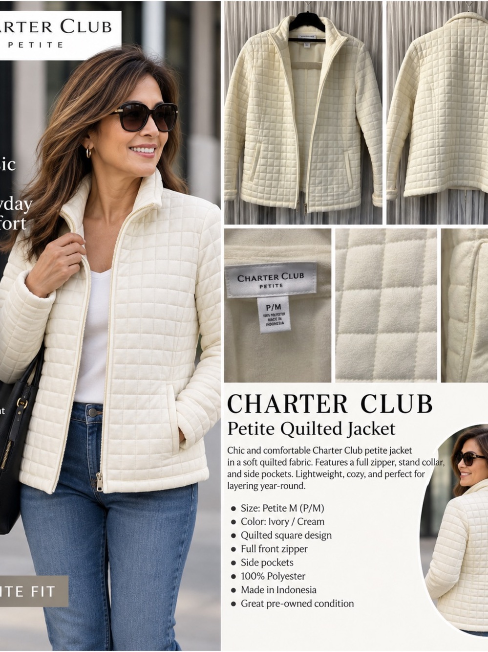 Charter Club Petite Quilted Jacket in Ivory/Cream